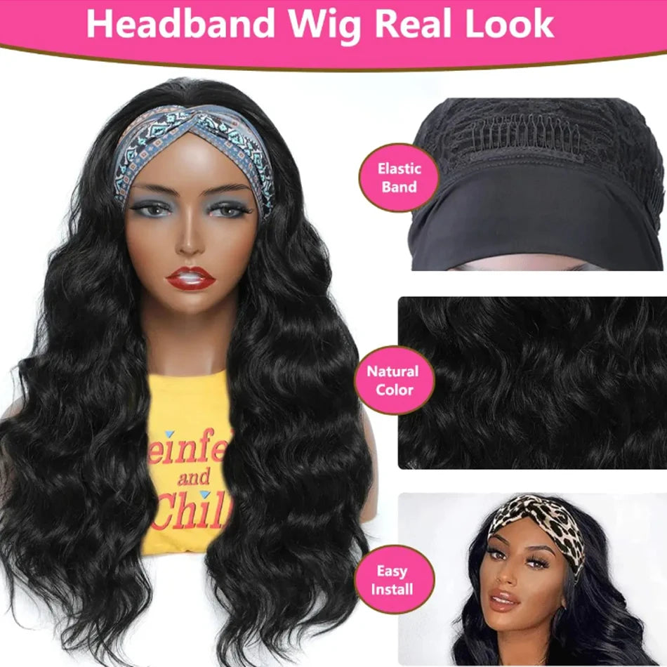 30-inch Brazilian human hair headband wig, body wave, 250% density, ready-to-wear style for Black women
