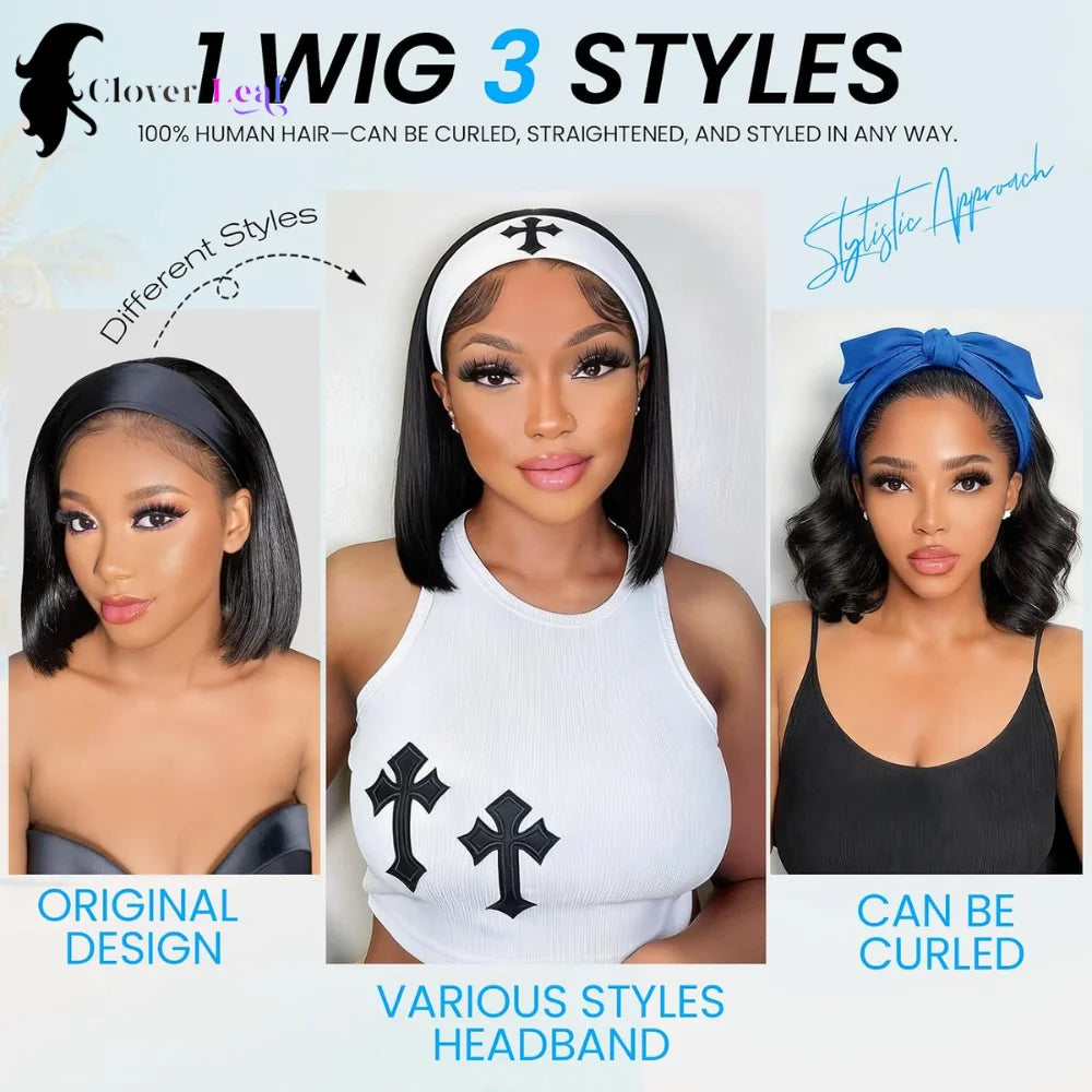 12-inch straight headband wig for Black women, natural Remy human hair, HSF Marketplace brand
