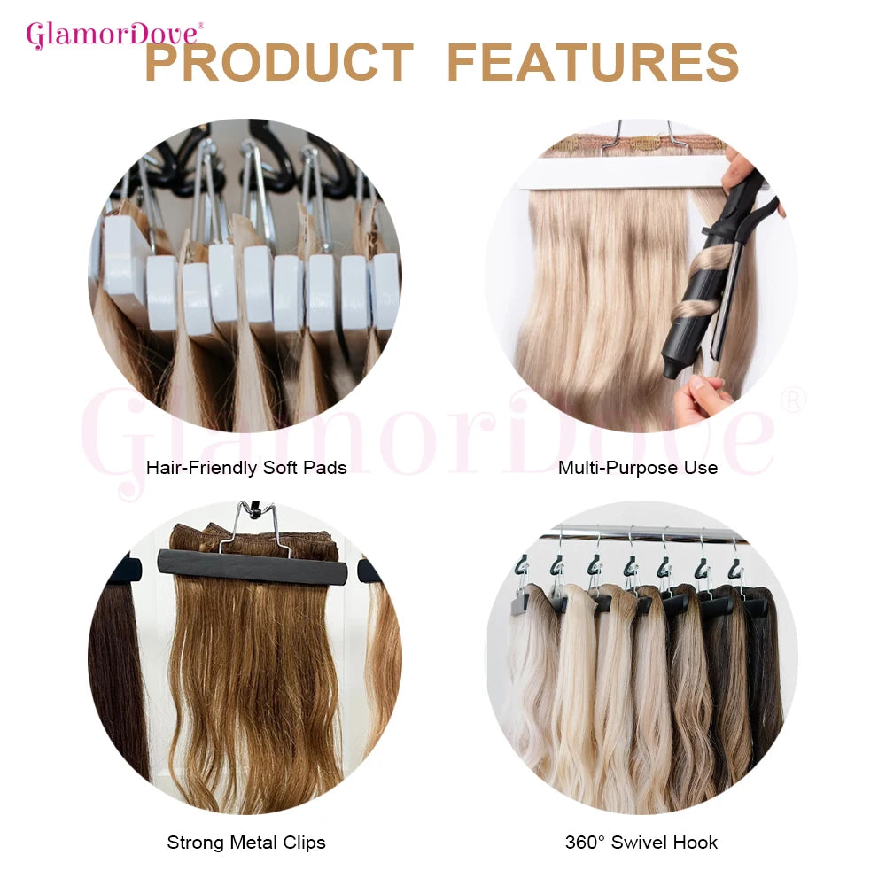 GlamorDove 4PCS Wooden Hair Extension Hanger – Double Side Weft Holder for Hair Extensions, Wig and Hairpiece Storage Organizer