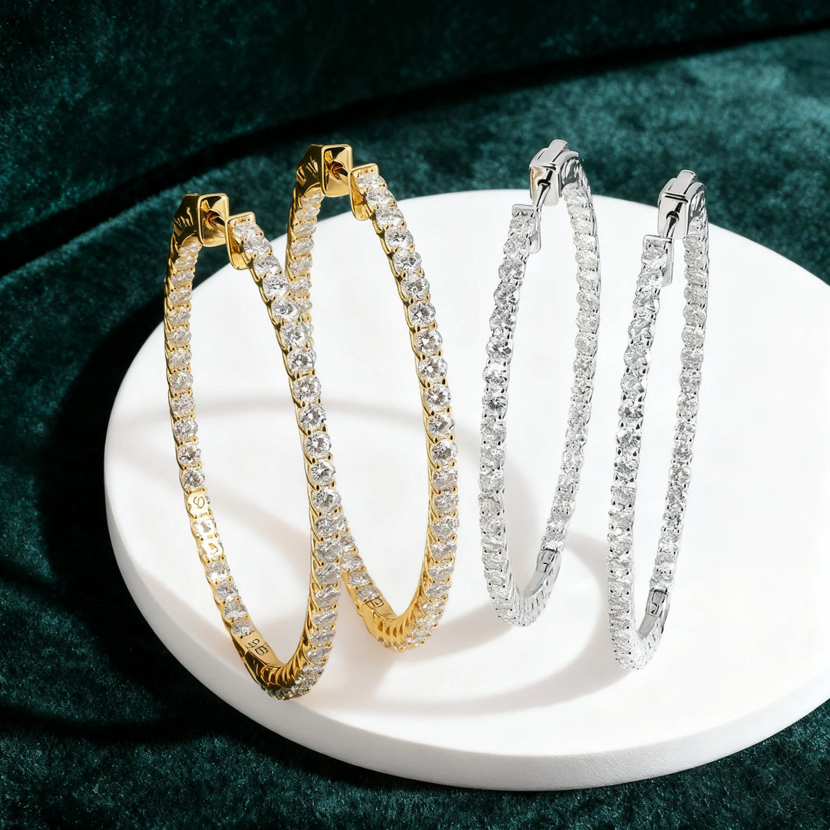 Moissanite hoop earrings in sterling silver for women, featuring sparkling stones encircling the hoops