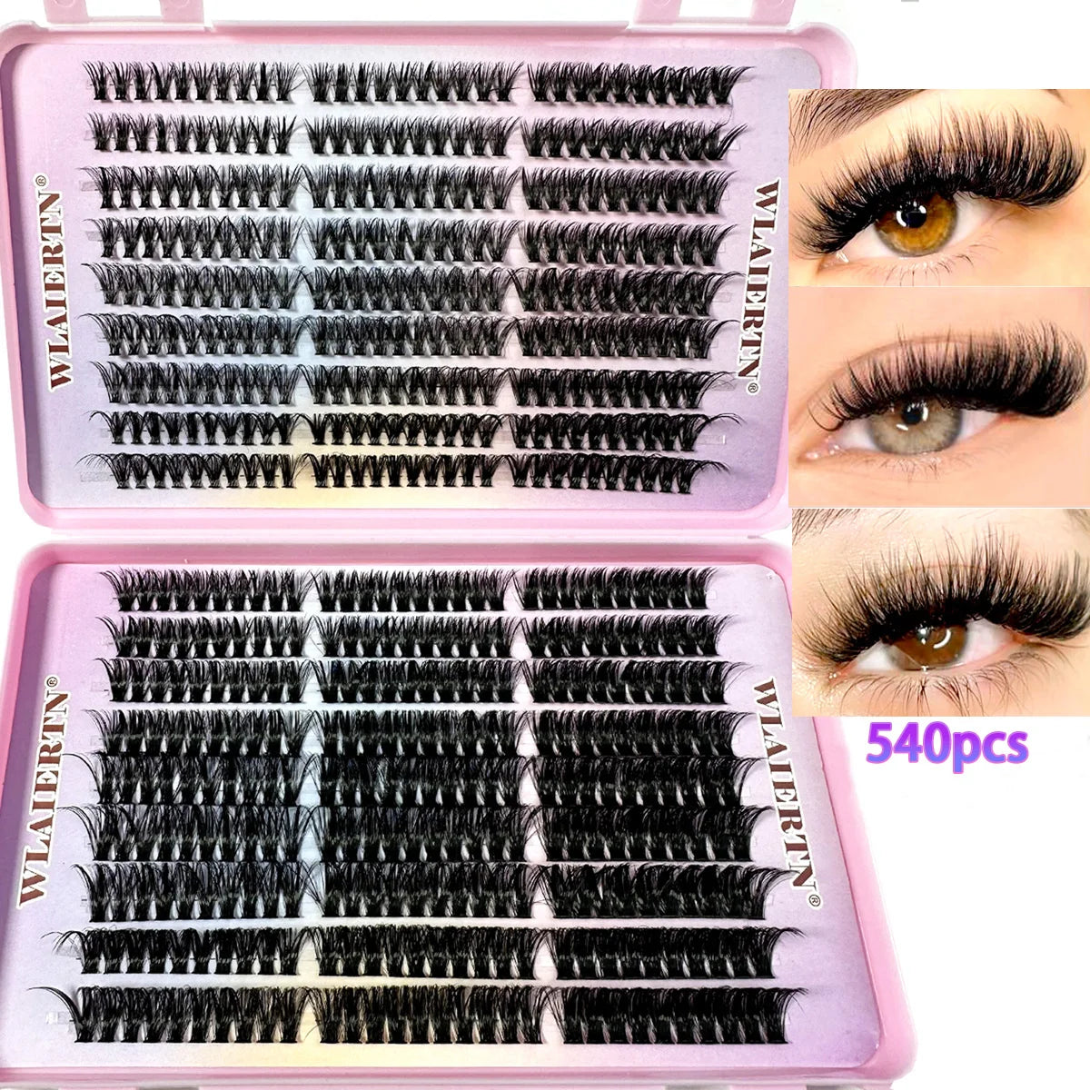 Faux Mink Eyelashes 540Cluster C Curled 9-16mm mixed natural lash extensions with 3D Russian strip for makeup and beauty.