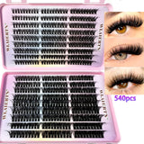 Faux Mink Eyelashes 540Cluster C Curled 9-16mm mixed natural lash extensions with 3D Russian strip for makeup and beauty.