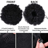 Afro puff drawstring ponytail addition with voluminous kinky curly human hair, styled as an updo bun for women