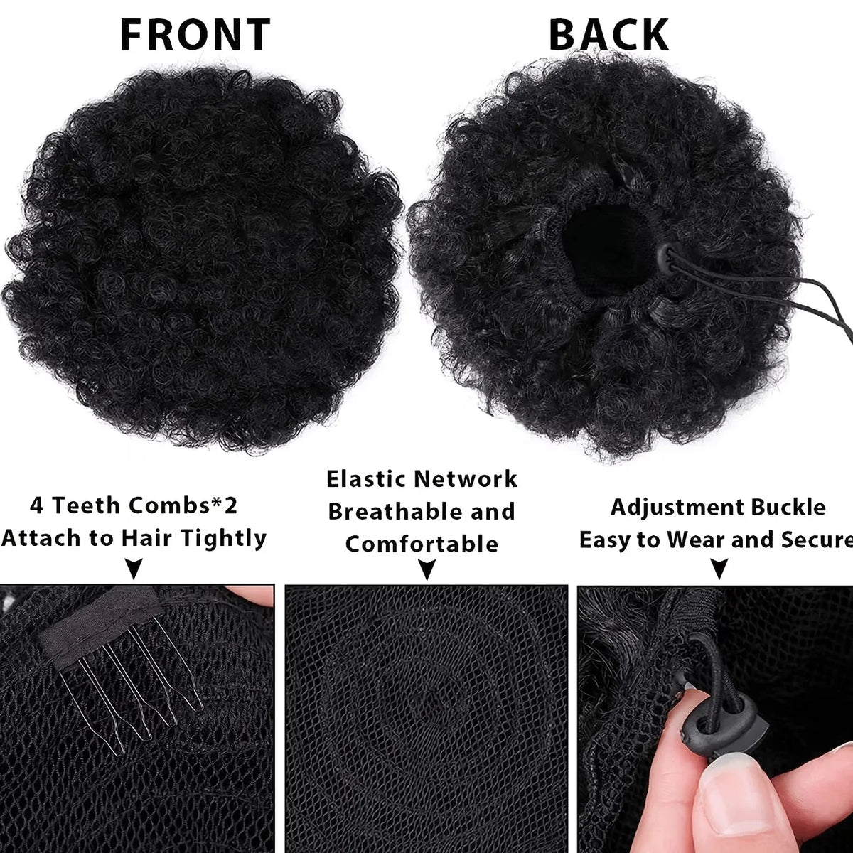 Afro puff drawstring ponytail addition with voluminous kinky curly human hair, styled as an updo bun for women