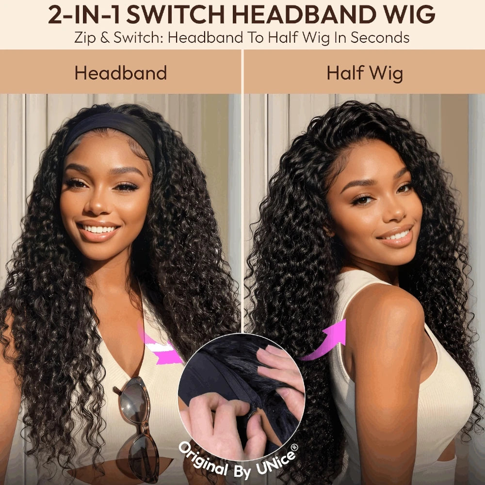 UNice 2-in-1 water wave headband wig and half wig, 100% human hair with switch waistband