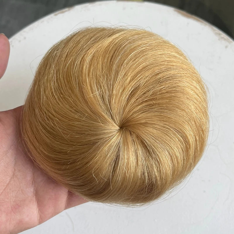 Brown blonde 6-inch human hair drawstring bun wig with flexible chignon design for thinner hair