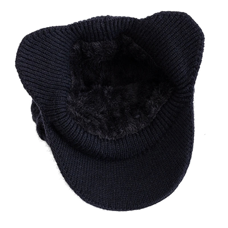 Unisex plush fur-lined winter earflap beanie hat, thick knitted ski cap in soft warm fabric