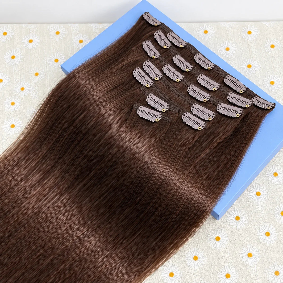 Dark chocolate brown HSF Marketplace clip-in human hair extensions, straight 18–26 inch set with fuller ends