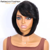 Rebecca Brazilian short straight bob human hair wig with bangs, side part, full machine-made cap for black women, by HSF Marketplace