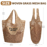 Handmade straw beach tote bag for women with woven design, summer mesh hollow shoulder bag for holiday use.