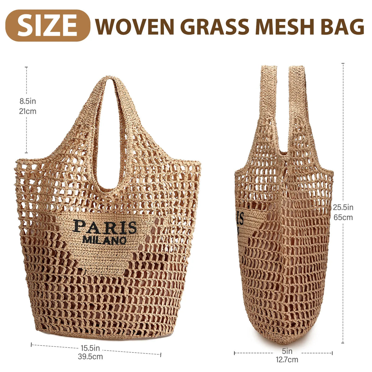 Handmade straw beach tote bag for women with woven design, summer mesh hollow shoulder bag for holiday use.