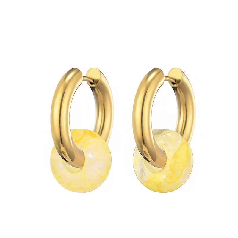 Natural stone turquoise round bead hoop earrings with 3mm thick stainless steel hoops for women