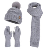 Women's wool knit neck scarf, gloves and winter cap set in warm matching design
