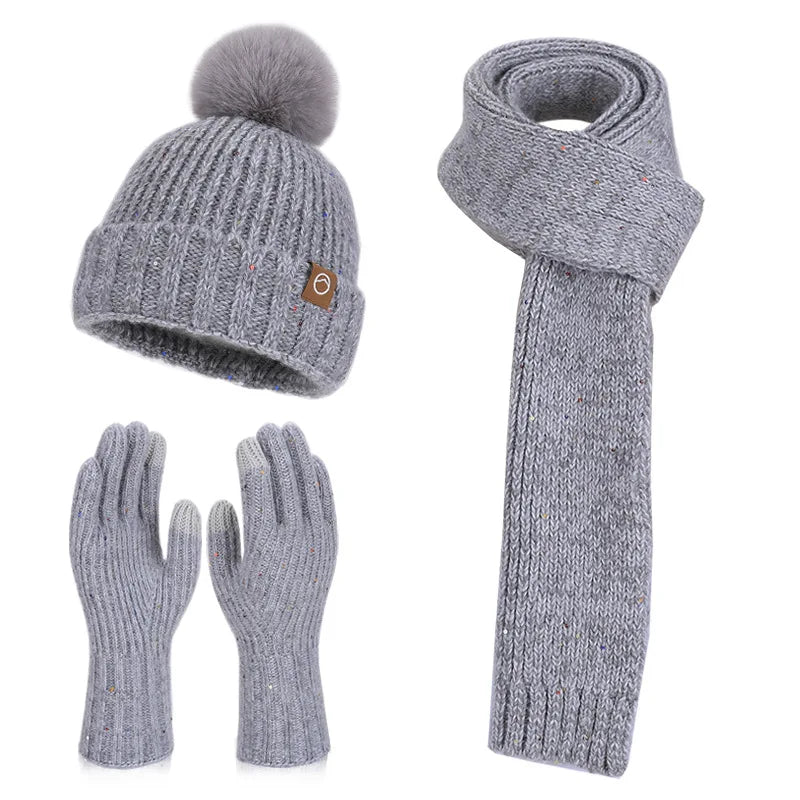 Women's wool knit neck scarf, gloves and winter cap set in warm matching design