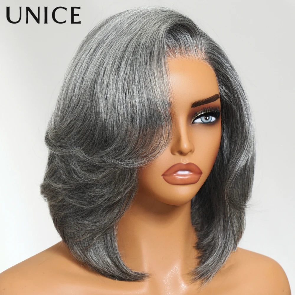 Salt and pepper wavy bob human hair wig with natural waves and comfortable style by HSF Marketplace