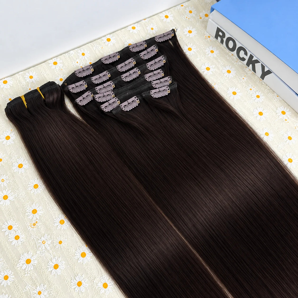 Dark chocolate brown clip-in hair extensions, 100% human hair, straight Brazilian Remy, 18–26 inch, 7-piece set