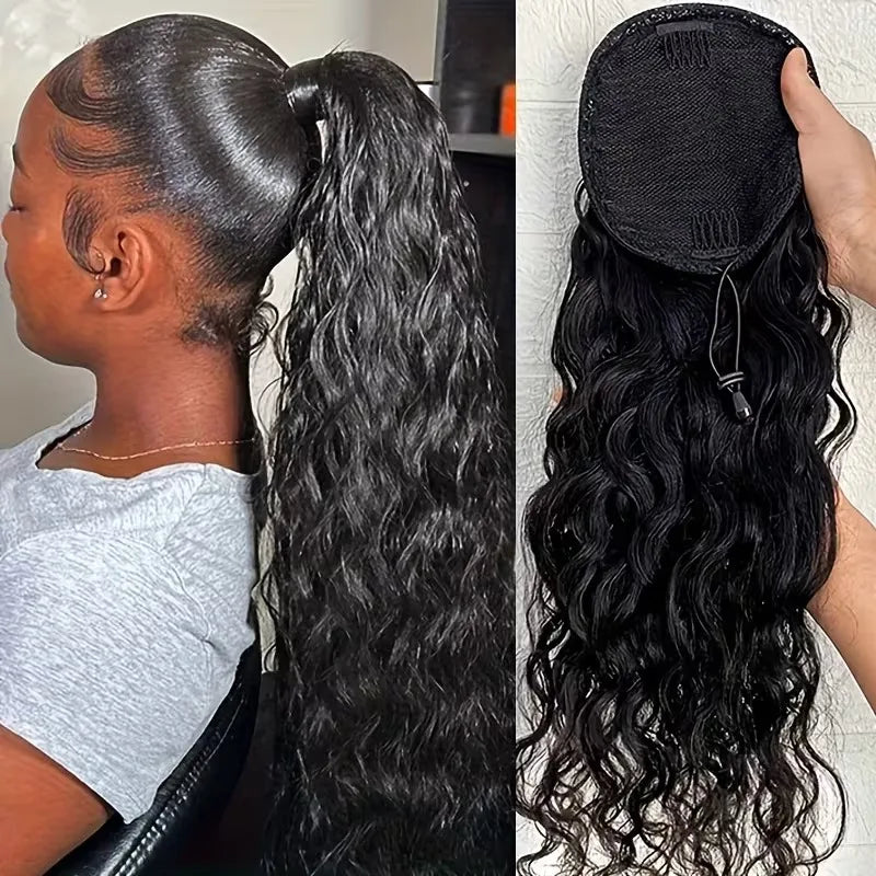 Women’s Clip-In Human Hair Ponytail Extensions 10A Grade Water & Corn Wave, 100% Unprocessed Brazilian Hair, Drawstring Closure