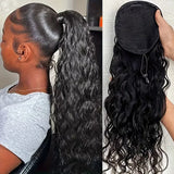 Women’s Clip-In Human Hair Ponytail Extensions 10A Grade Water & Corn Wave, 100% Unprocessed Brazilian Hair, Drawstring Closure