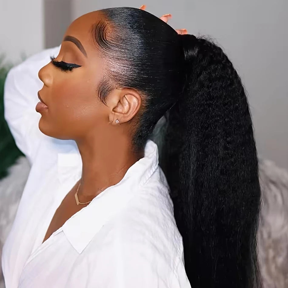 HSF Marketplace kinky straight human hair drawstring ponytail extension in yaki straight texture, 12-24 inch lengths