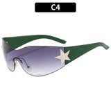 Y2K rimless punk sunglasses by HSF Marketplace, wrap-around design, unisex luxury eyewear with sporty one-piece shades.