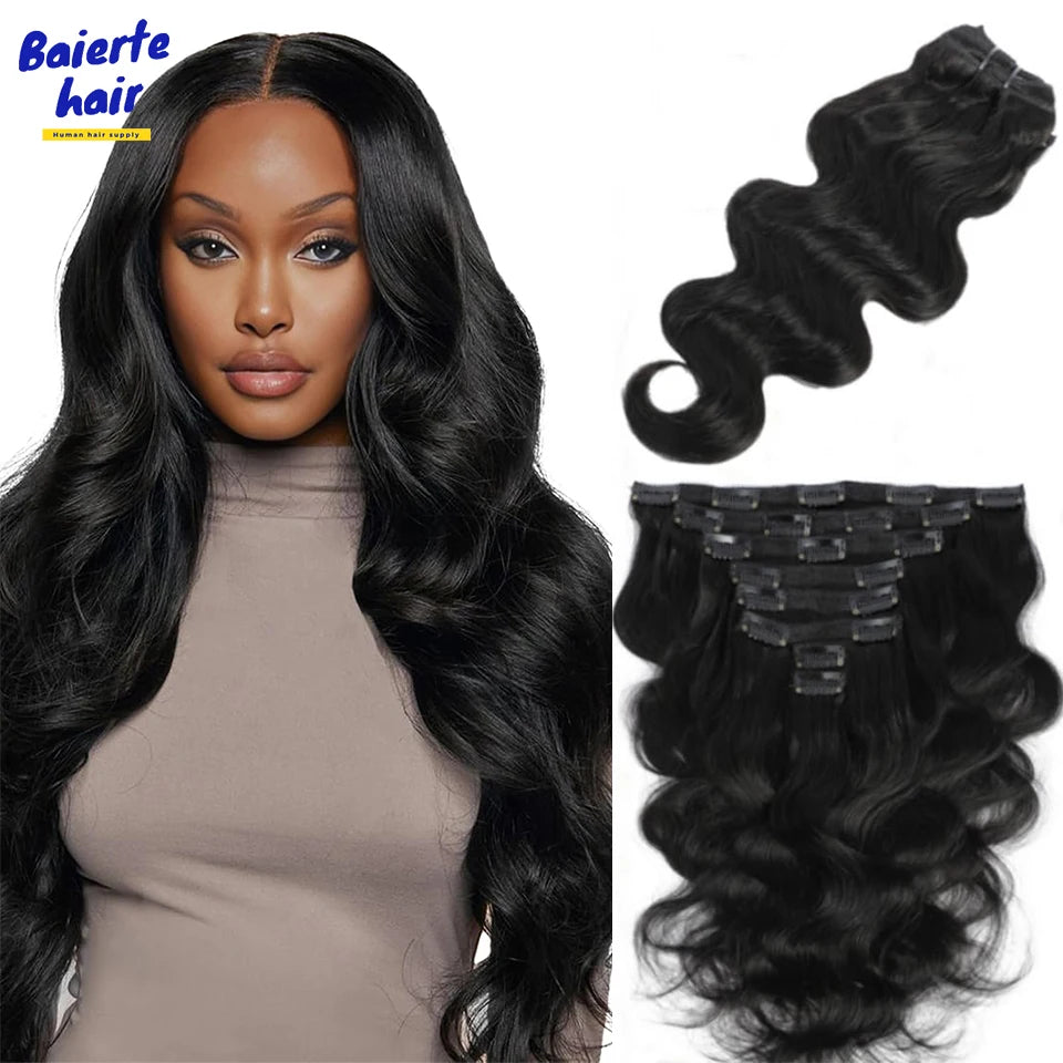 Brazilian virgin human hair body wave clip-in extensions, 8-piece set with 20 clips, 8–24 inches, 120g