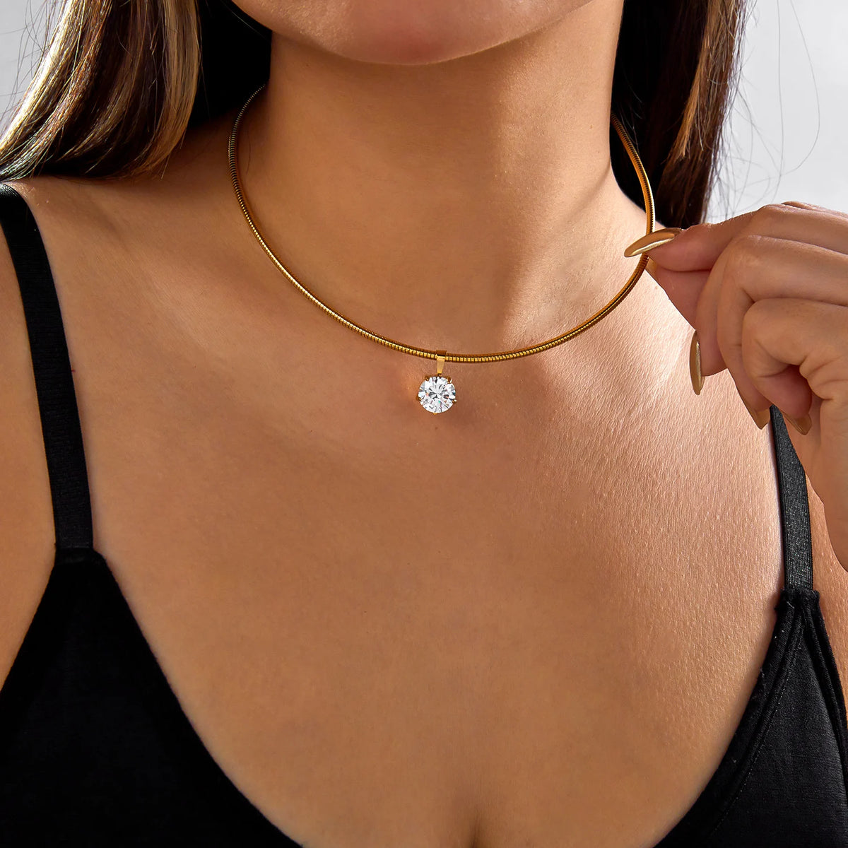 Gold-plated stainless steel choker necklace with cubic zirconia accents, waterproof jewelry for women, perfect for daily or party wear