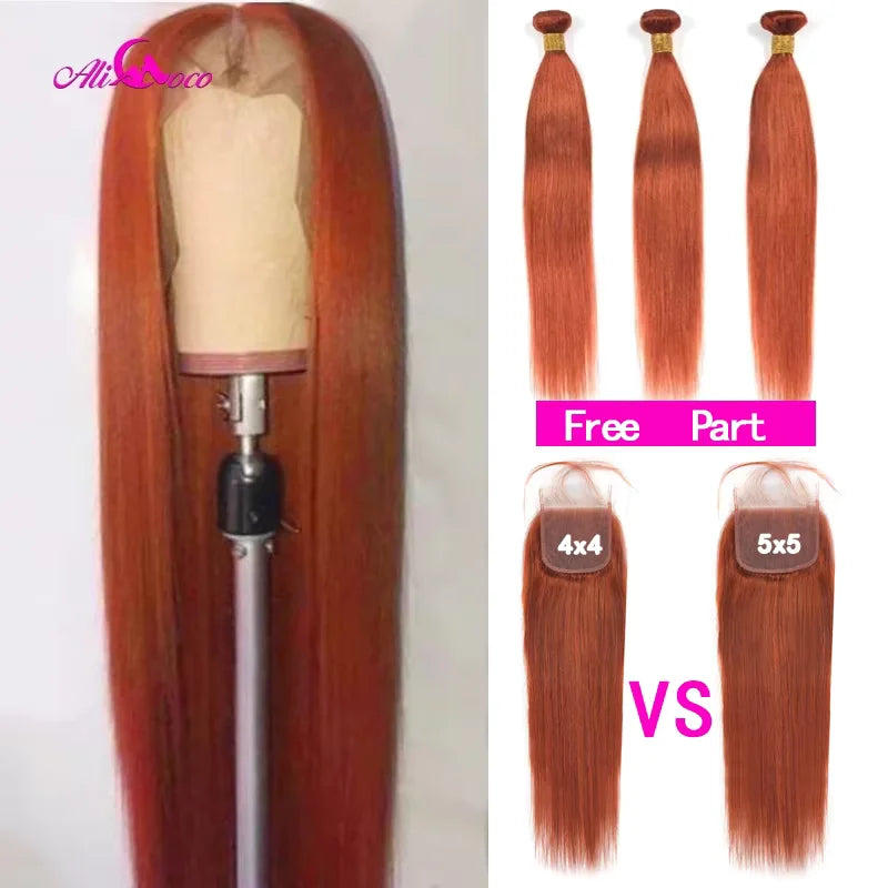 5x5 Closure With Human Hair Bundles Ali Coco Orange Ginger Bundles With Closure Brazilian Human Hair Bundles With Closure Remy