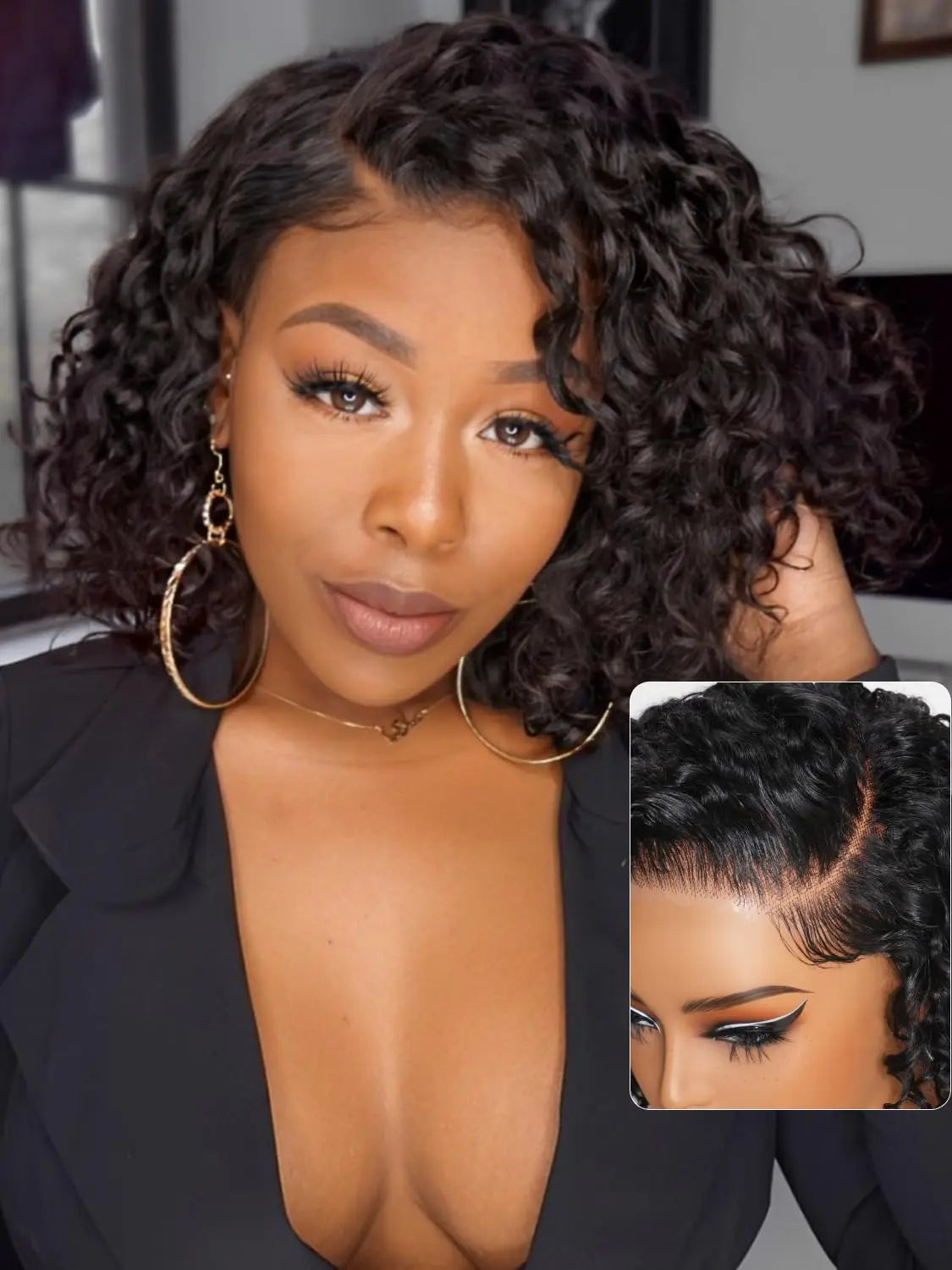 Short curly bob human hair wig with pre-plucked lace closure, HSF Marketplace wavy texture