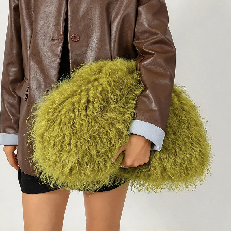 Women’s faux fur clutch bag by HSF Marketplace featuring a kisslock frame, large capacity, warm fuzzy texture, ideal for winter parties.