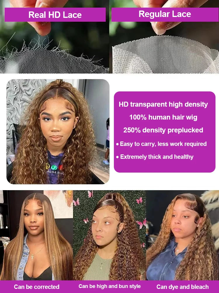 Highlight Brown Wig 13x4 HD Transparent Human Hair Deep Wave Frontal Wig Hd Lace Wigs 30 36 Inch Burmese Curly Wigs P4/27 Colored Water Wave 13x6 Full Lace Wig Wet and Wavy Lace Frontal Wigs Bleached Knot 250% Density ﻿