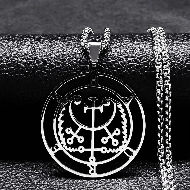 Stainless steel Satan necklace featuring Sigil de Lucifer, Baphomet stamp, and laser-etched chain jewelry by HSF Marketplace