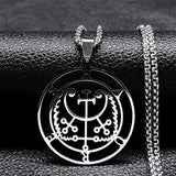 Stainless steel Satan necklace featuring Sigil de Lucifer, Baphomet stamp, and laser-etched chain jewelry by HSF Marketplace