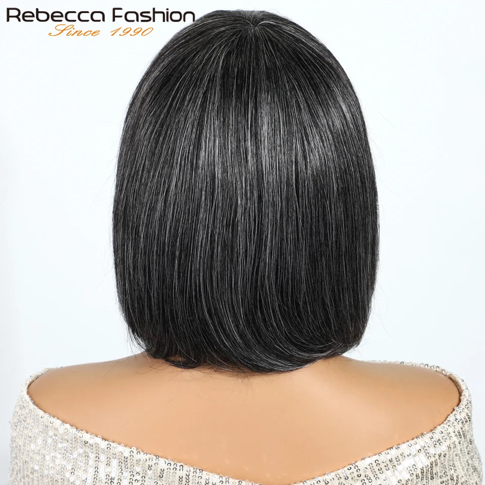 Rebecca Gray salt and pepper short straight human hair bob wig for women, Brazilian Remy hair, 10-inch full machine-made style.
