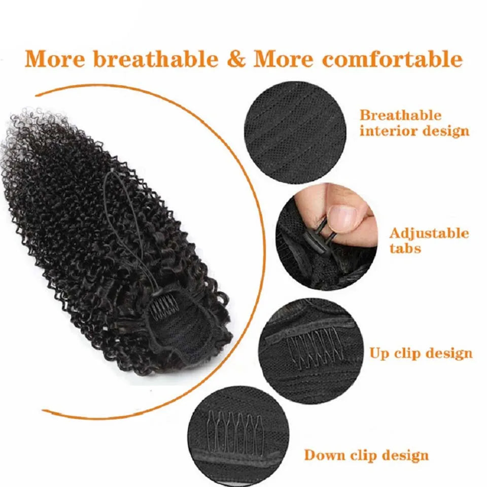 Human hair afro kinky curly drawstring ponytail extension with clips and wrap, natural fluffy texture
