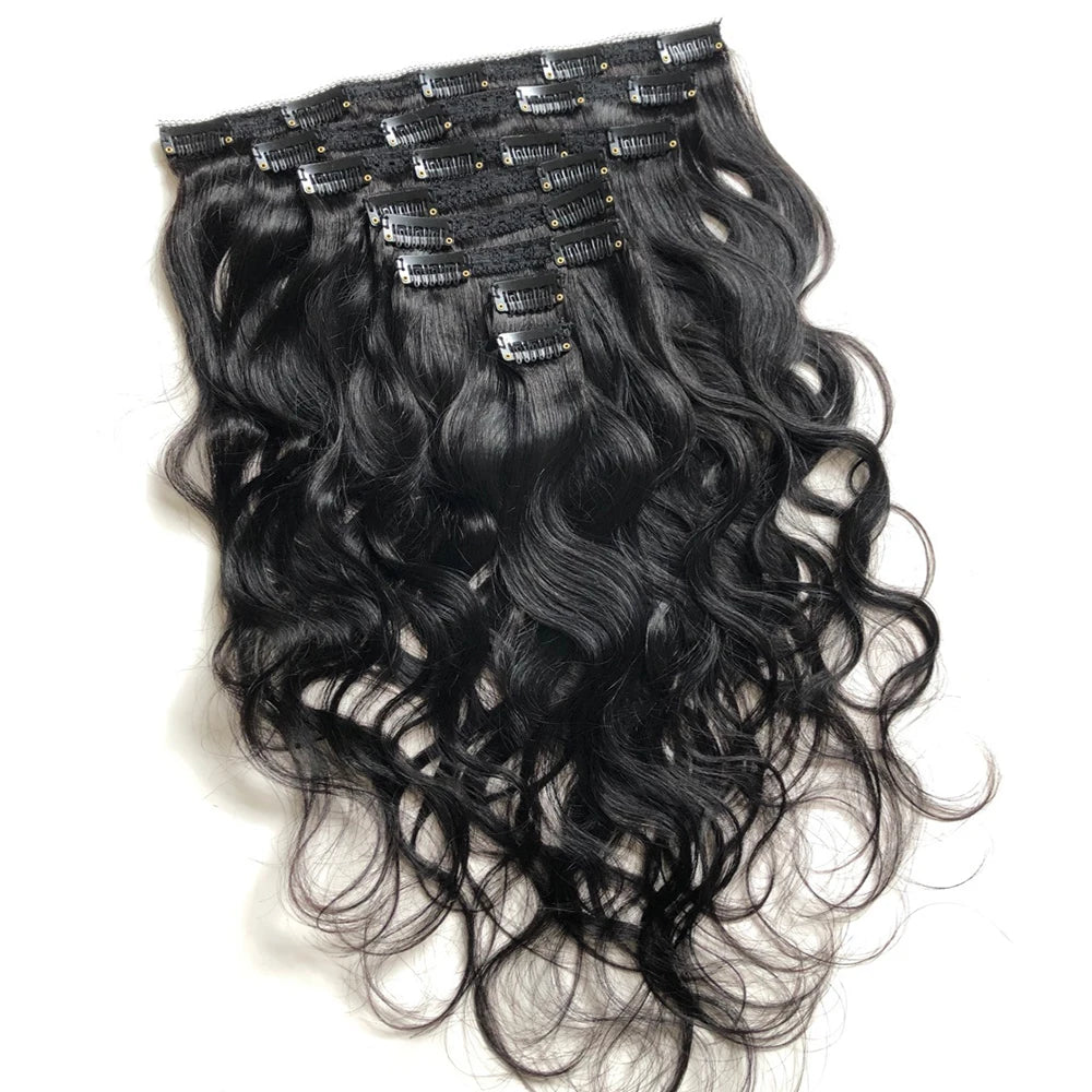 Human hair Brazilian body wave clip-in extensions, 8-piece set, natural black Remy hair, 8–26 inches, 120g
