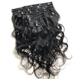 Human hair Brazilian body wave clip-in extensions, 8-piece set, natural black Remy hair, 8–26 inches, 120g