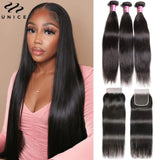 Unice Human Hair Bundles with 4x4 lace closure in natural color, 100% human hair, displayed in a bundle with closure.