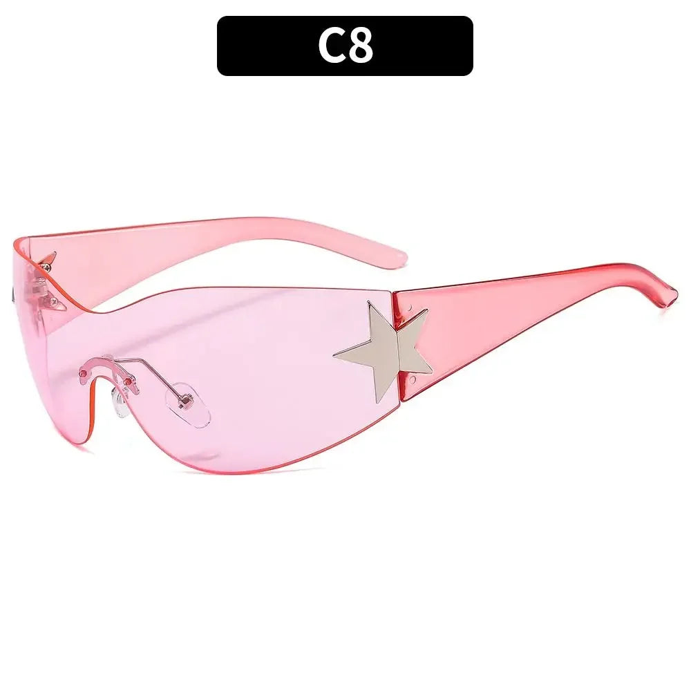 Y2K rimless punk sunglasses by HSF Marketplace, wrap-around style, unisex luxury eyewear with sporty one-piece design.