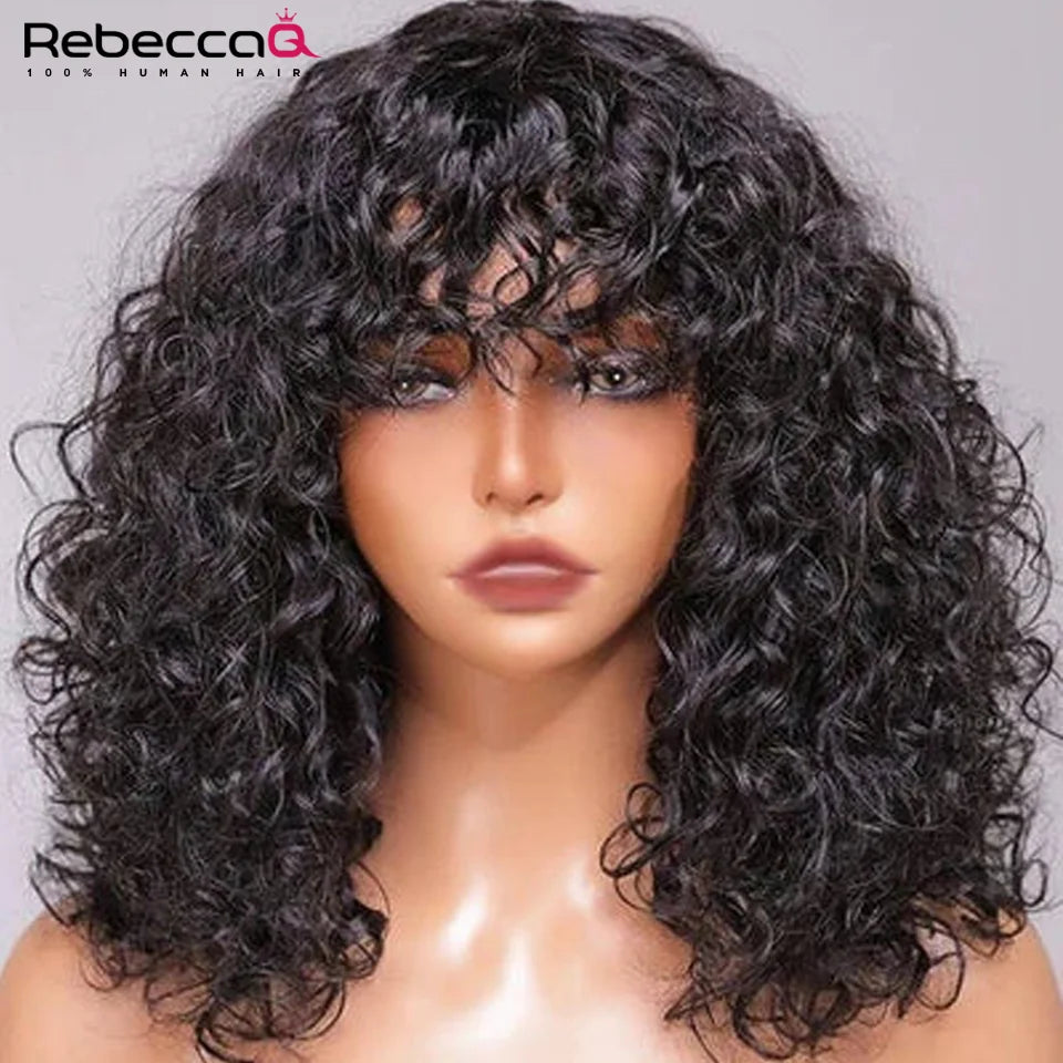Short curly bob wig with bangs, 100% human Brazilian Remy hair, natural color, glueless, daily wear, by HSF Marketplace