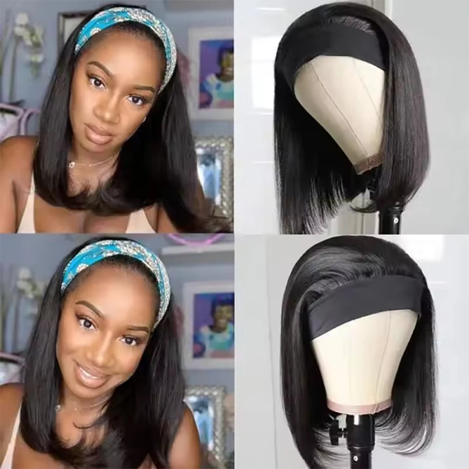 Short straight bob headband wig with scarf, Peruvian Remy human hair, 8–16 inches, 250% density