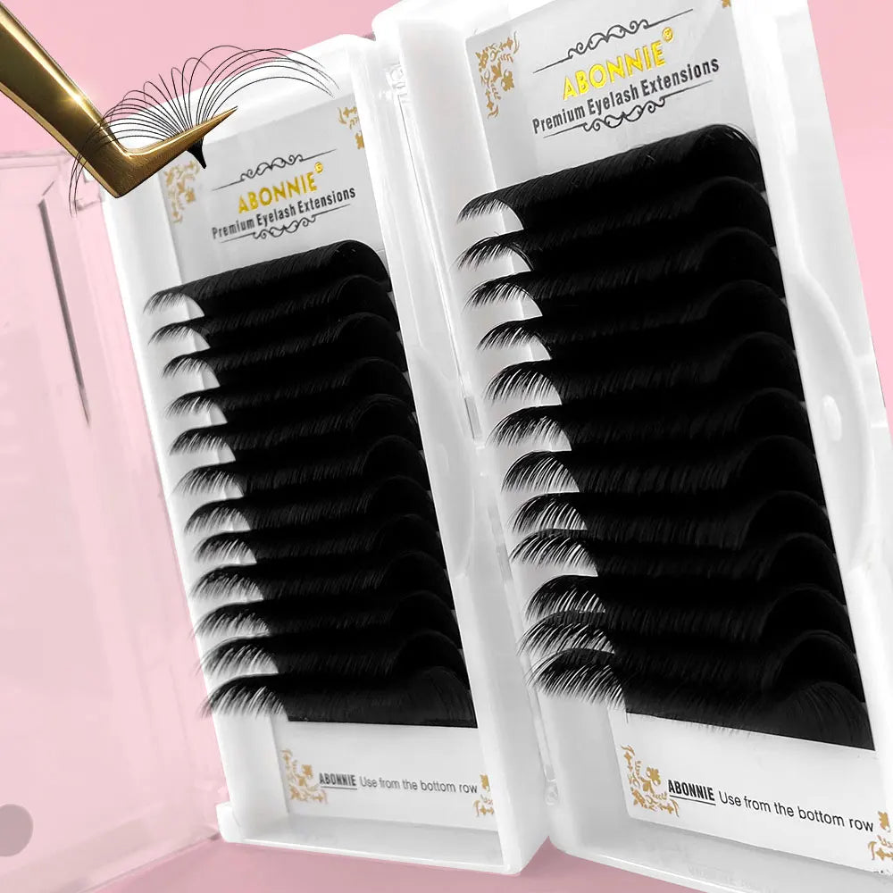 Abonnie Easy Fan matte black false eyelashes for volume extensions, displayed in a lash tray