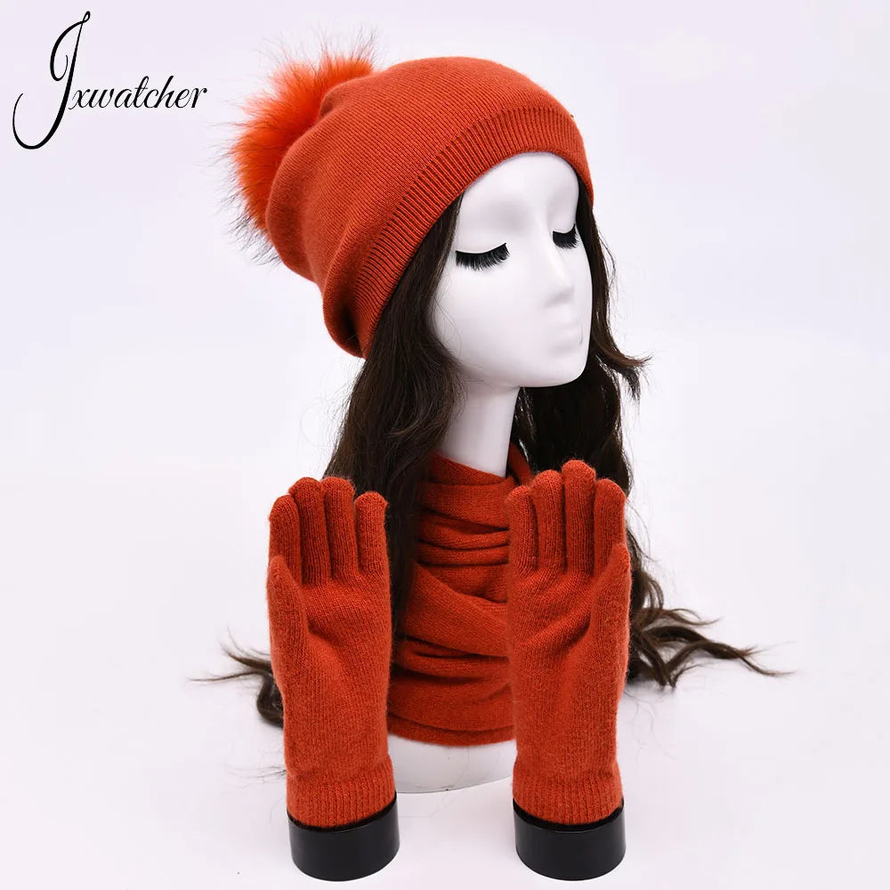 Women's warm cashmere wool winter hat, gloves and scarf set in a coordinated design