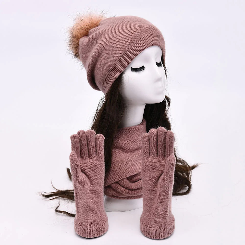 Women's warm cashmere wool winter hat, gloves, and scarf set in a coordinated design