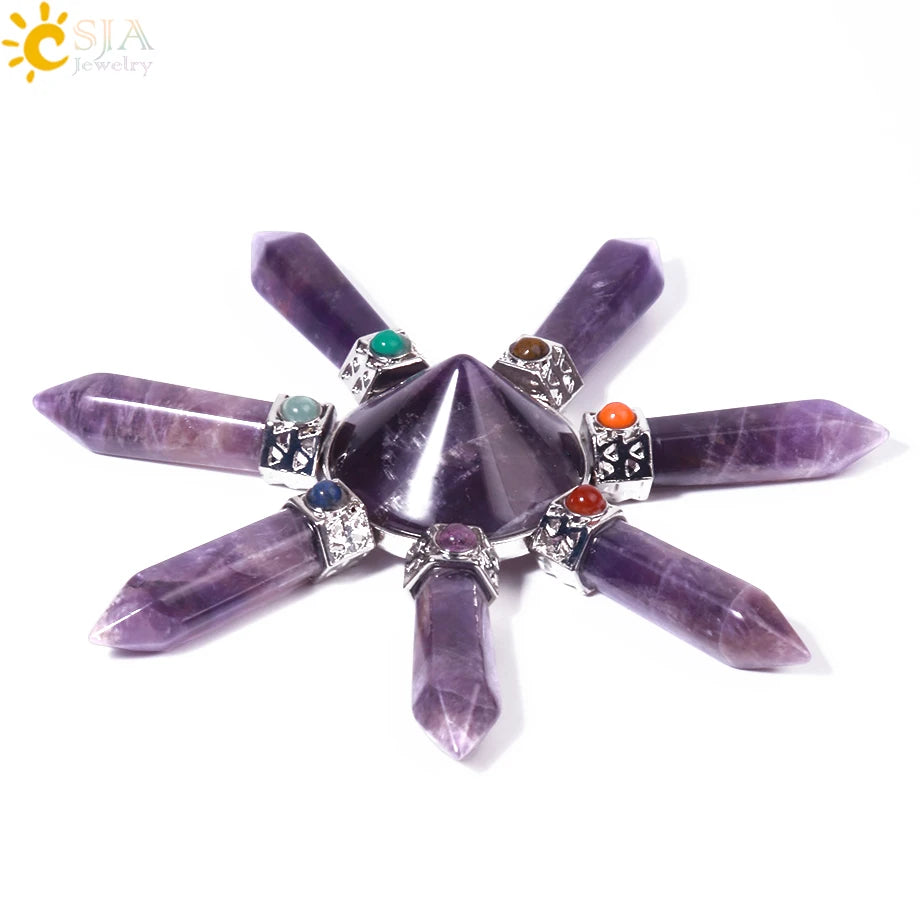 CSJA 7 Chakra Pyramid Decoration Healing Point Hexagonal Crystal Pillar Natural Stone Reiki Energy Meditation Jewelry Women G302
