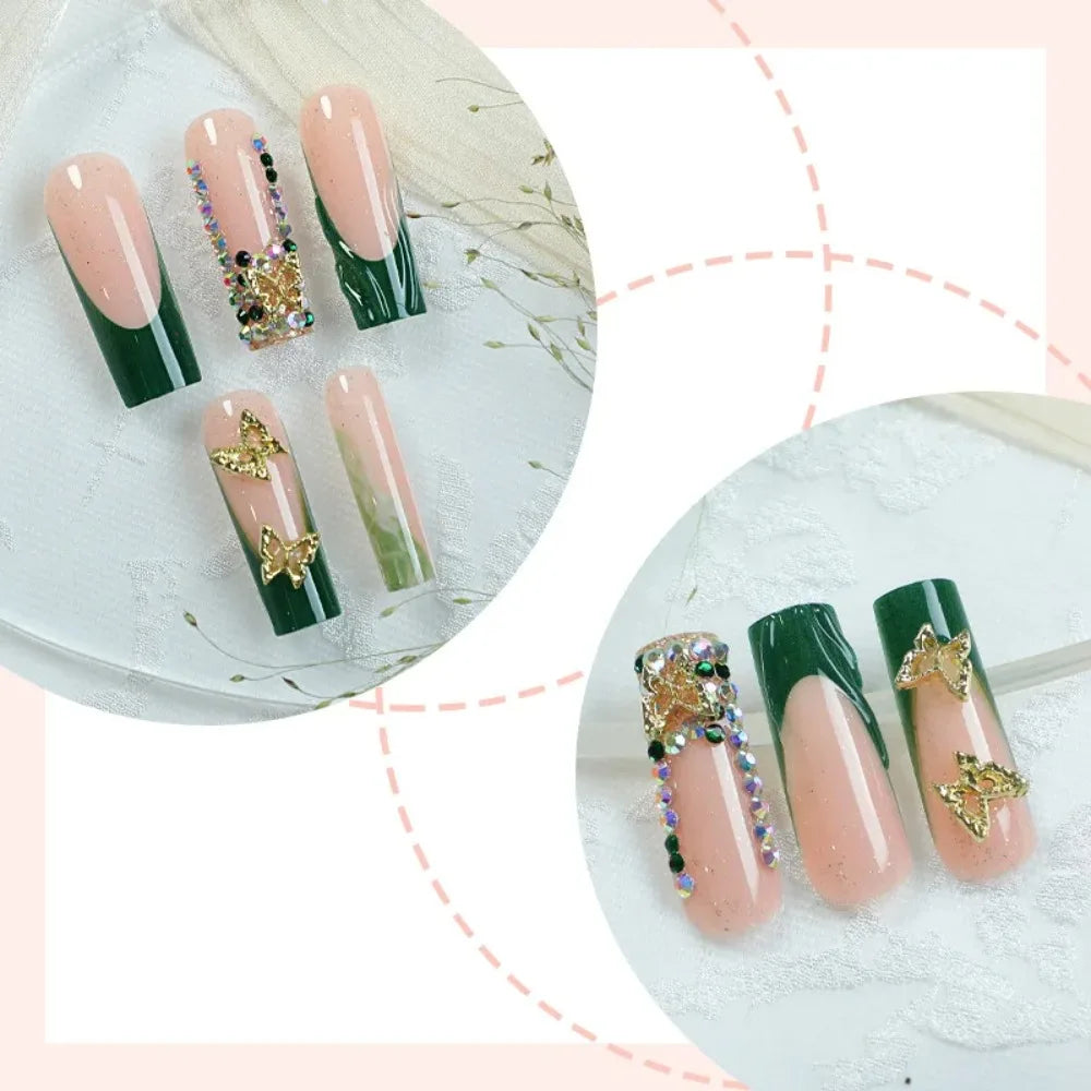 24-piece green French golden butterfly square press-on false nails by HSF Marketplace