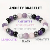 Stress Relief Bracelet: Amethyst, Black Tourmaline, Clear Quartz, Hematite, Lepidolite, Rose Quartz and White 8mm Round Crystal