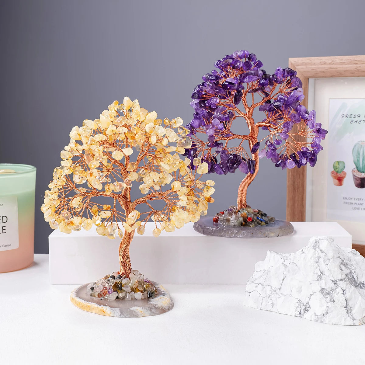 1PC Natural Crystal Lucky Tree Copper Wire Winding Colorful Gravel With Agate Slice Base Home Decoration Money Trees