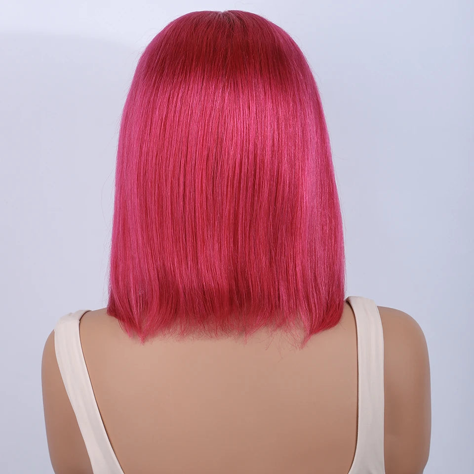 Hot pink human hair bob wig with lace front, straight style, 13x5 lace, 180 density, for women, light pink short wig.