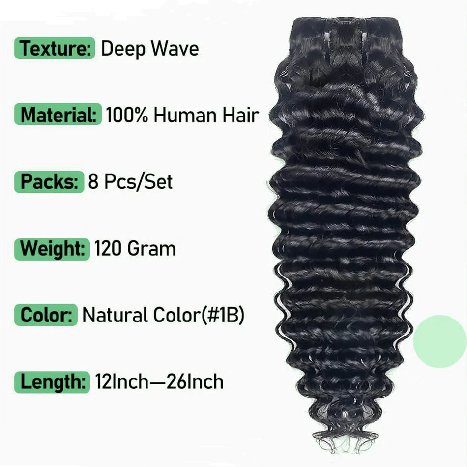 Brazilian Remy human hair deep wave clip-in extensions, 8-piece set in natural black, 10-26 inches, 120g