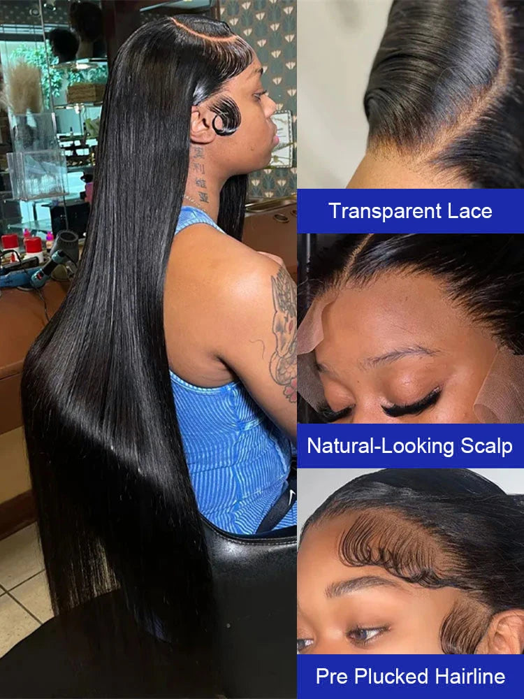 Luxurious Silky Long Straight Glueless Full Lace Front Human Hair Wigs For Women Brazilian Raw Virgin 13x4 13x6 Transparent Lace Frontal Wig 40 42 Inch 300 Density Ultra Smooth Straight Pre Plucked Hairline With Natural Baby